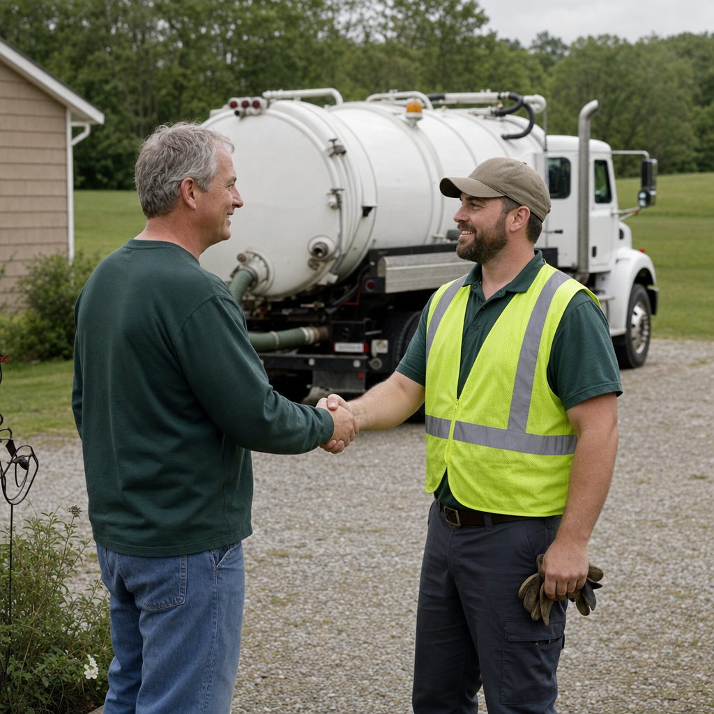 A septic technician shaking a Flushing homeowner's hand beside the service truck after a completed pump-out