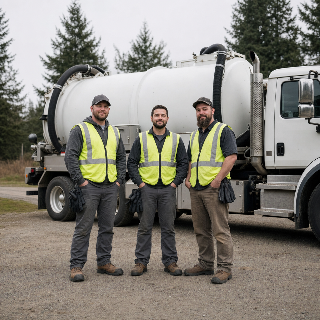 The Flushing septic pumping crew standing together beside their clean white vacuum truck on a residential street