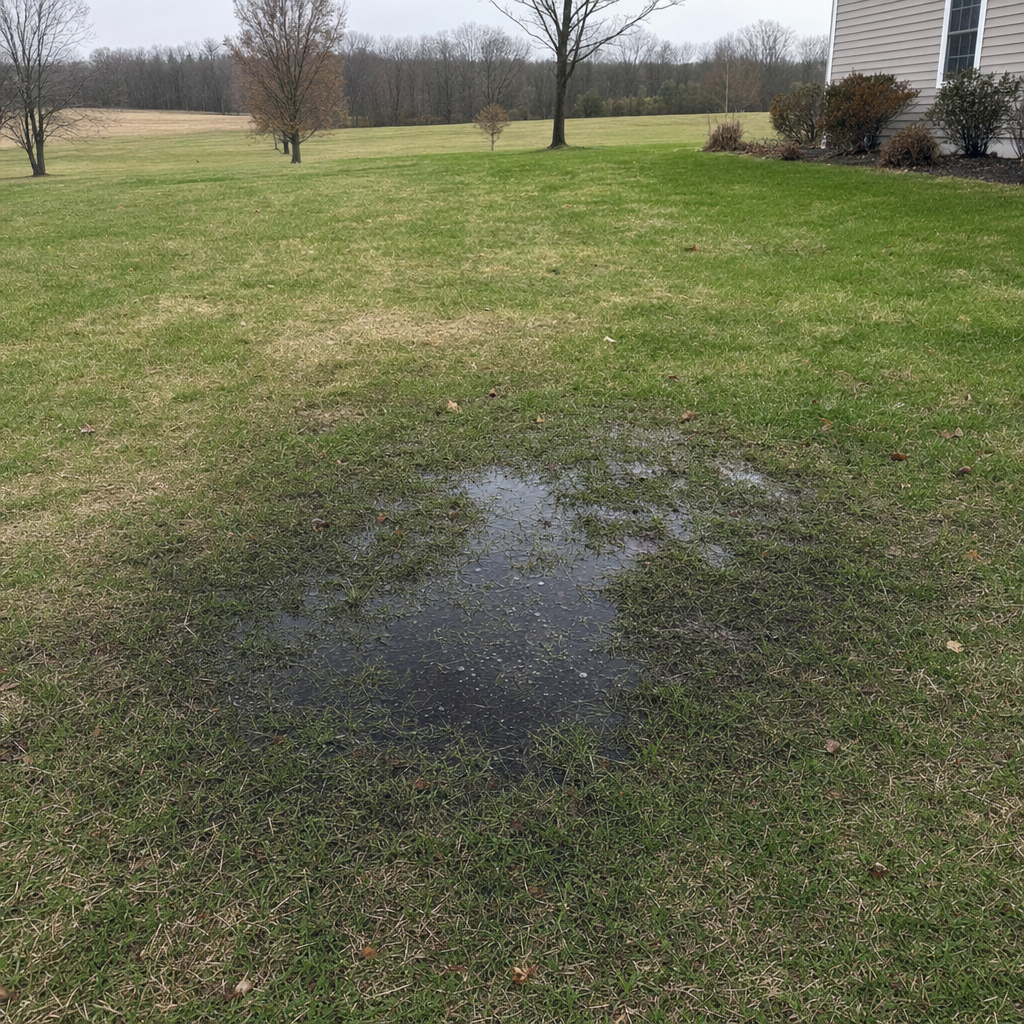 A dark, saturated wet spot in a Flushing backyard lawn marking a failing cesspool at capacity