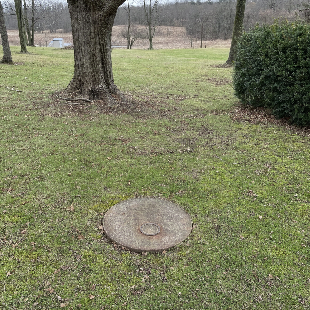 An older round cesspool access lid set flush in an established, mature Flushing backyard lawn