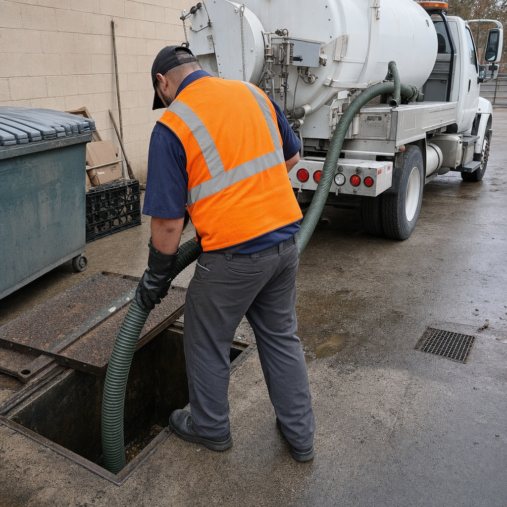 Technician pumping a grease trap behind a Flushing restaurant