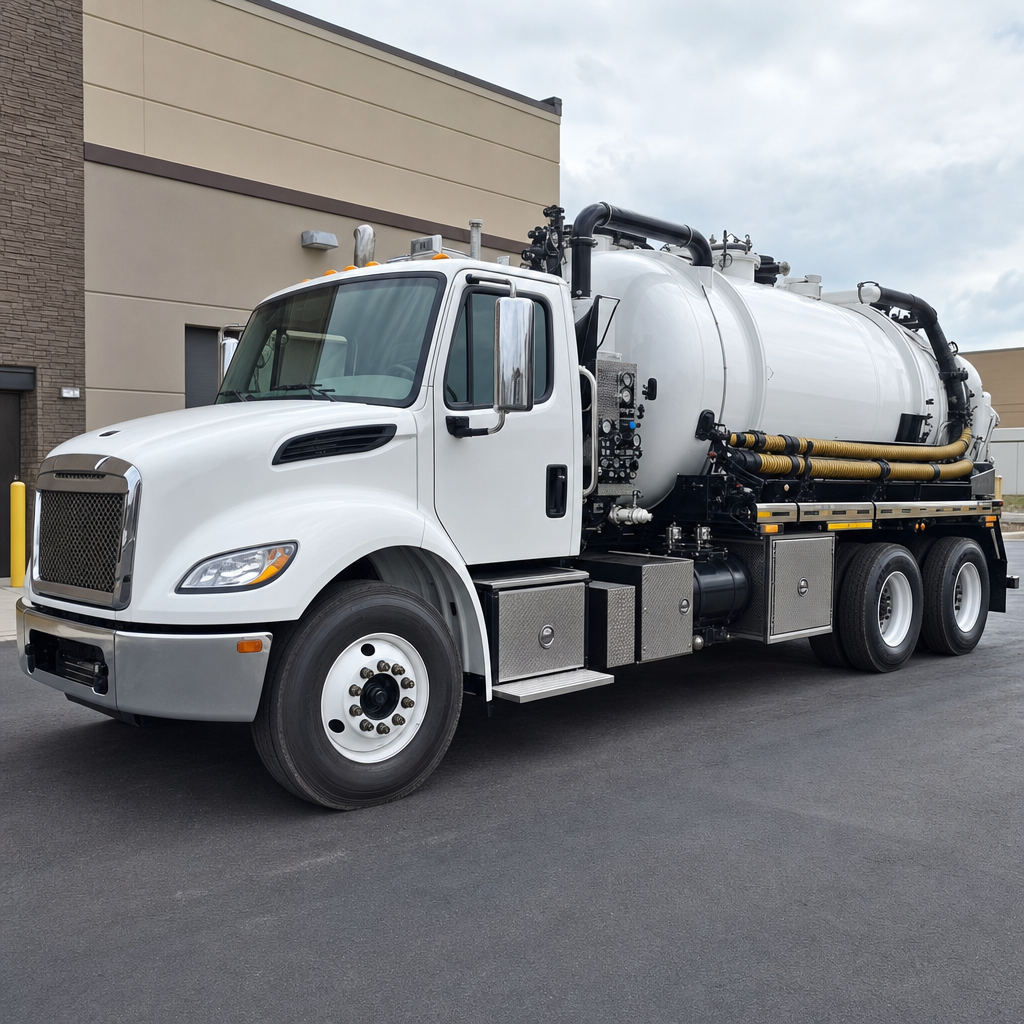 Commercial septic vacuum truck parked in a Flushing business parking lot