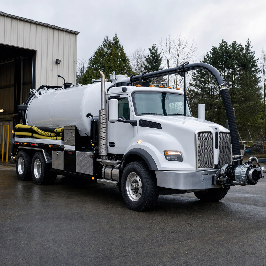 A clean white septic vacuum truck rolling out of a tidy Flushing service depot at the start of the day