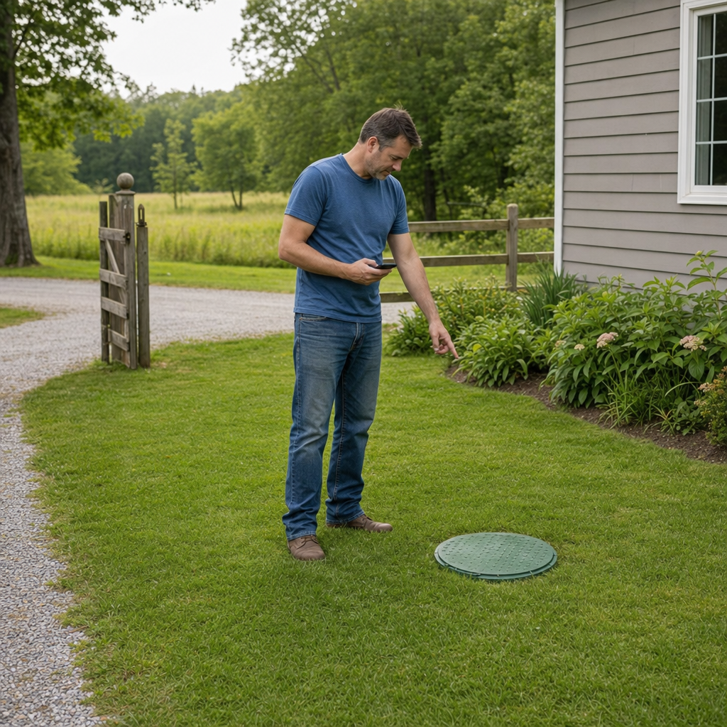 A Flushing-area homeowner standing in the backyard noting where the septic tank lid and access route are located