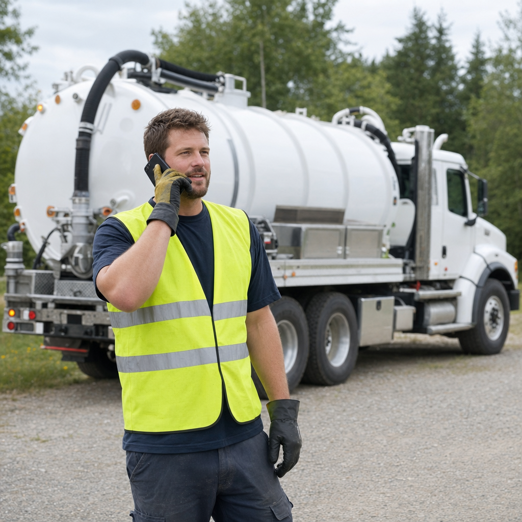 A friendly septic dispatcher holding a phone, ready to answer a Flushing homeowner's call about a pump-out