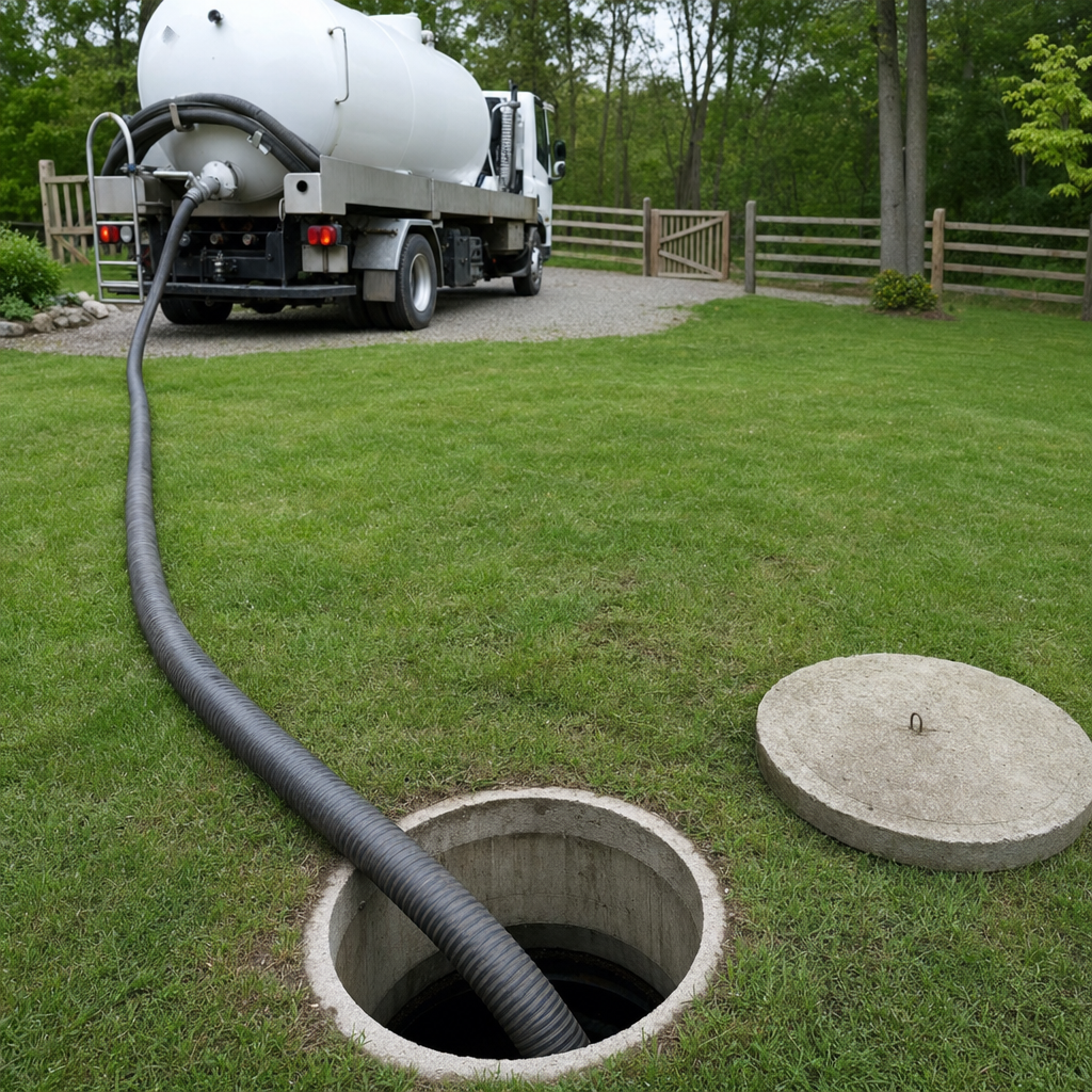 Suction hose connected to an open septic tank, drawing it down in a tidy Flushing yard