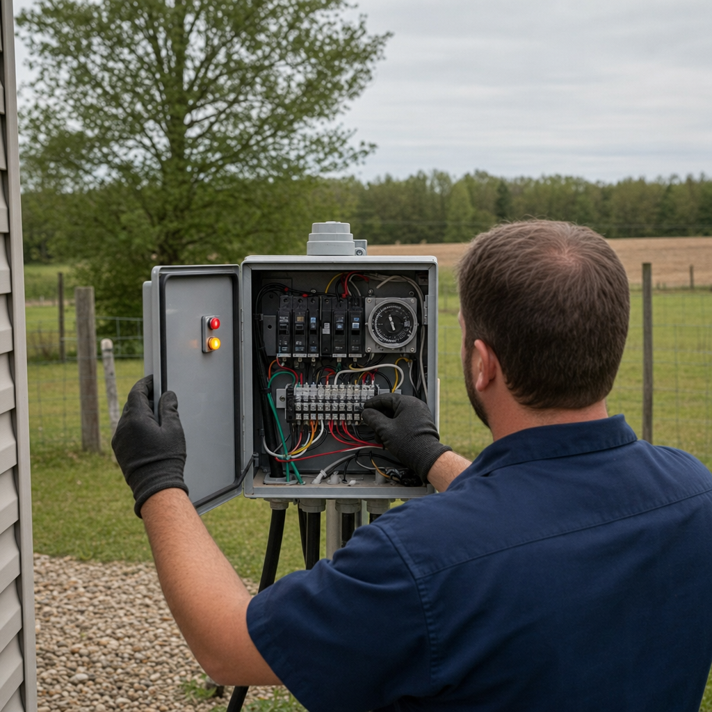 Technician checking an aerobic septic control box with a lit red high-water alarm during a same-day Flushing visit