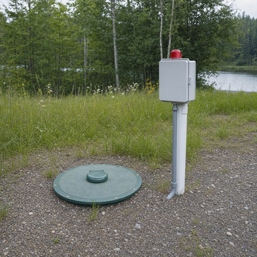 A wastewater holding tank access lid set in the ground at a rural Flushing-area cabin, with a mounted high-level float alarm panel nearby