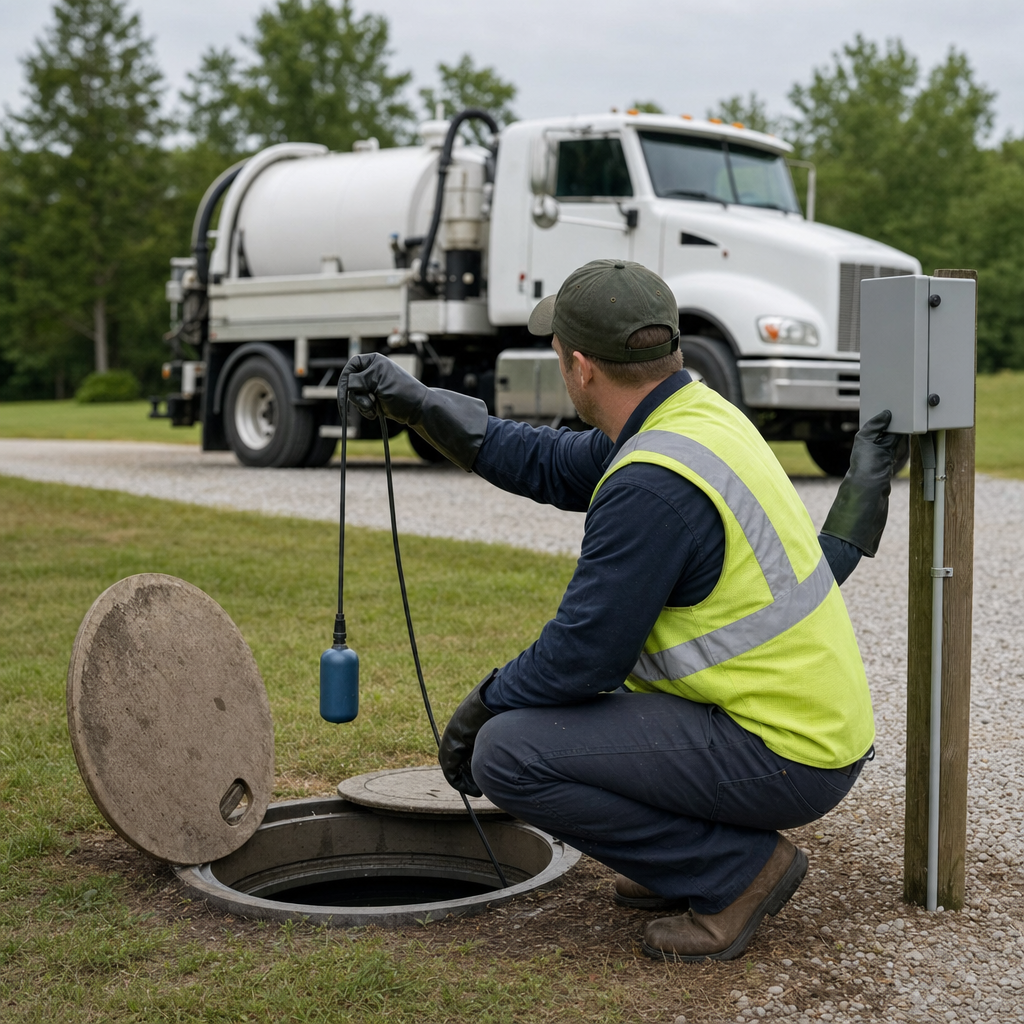A septic technician in a high-visibility vest checking a high-level float switch and alarm panel on a holding tank at a rural Flushing-area site