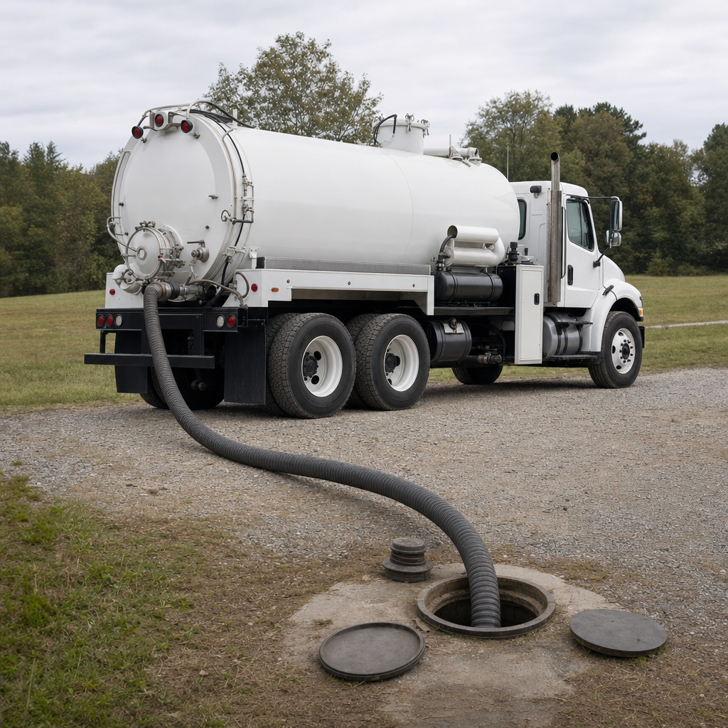 An unmarked white vacuum truck emptying a wastewater holding tank on a scheduled visit at a rural Flushing-area property, thick suction hose running to the tank lid