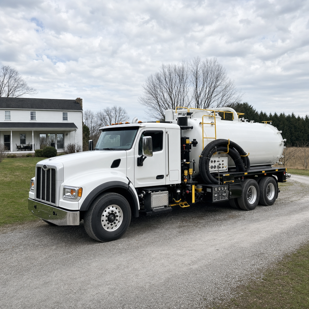 A clean white septic vacuum truck parked on a tidy Flushing driveway with the suction hose neatly coiled