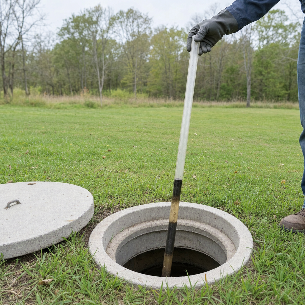 A septic sludge-judge measuring stick lowered into an open Flushing septic tank to read the depth of the sludge and scum layers before deciding whether a pump-out is due