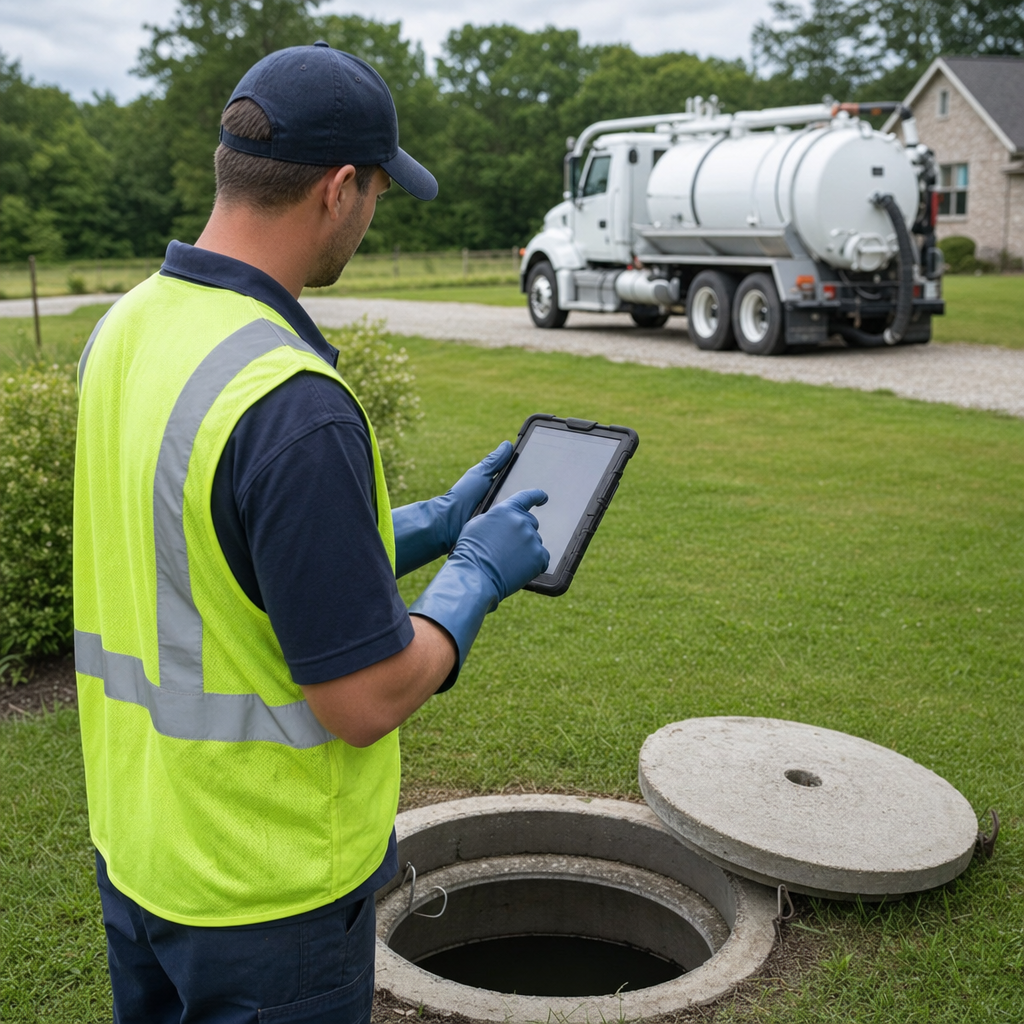 A septic technician recording a Flushing home's pump-out date and tank condition on a tablet beside an open access lid, tracking the service history that sets the next due date