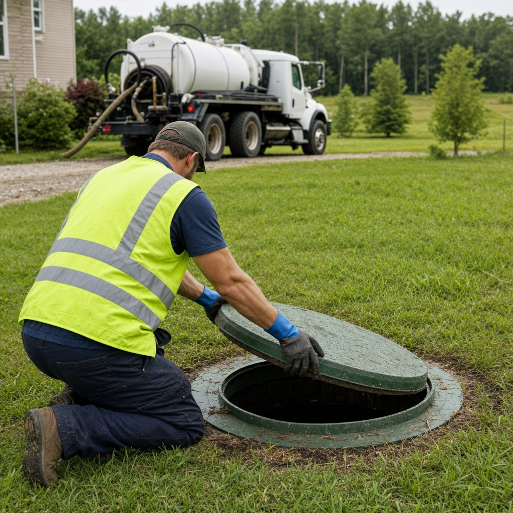Septic technician kneeling on a Flushing lawn, lifting the access lid on a residential septic tank