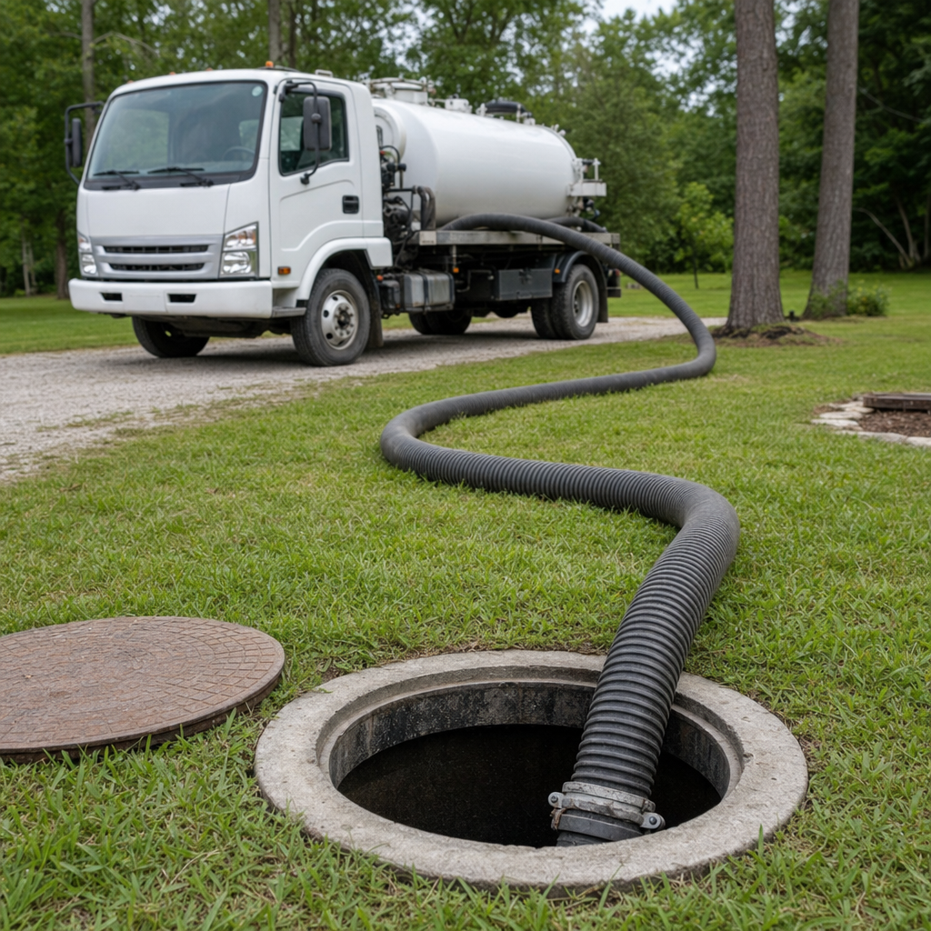 Thick ribbed suction hose lowered into a clean open septic tank port on a tidy Flushing backyard lawn