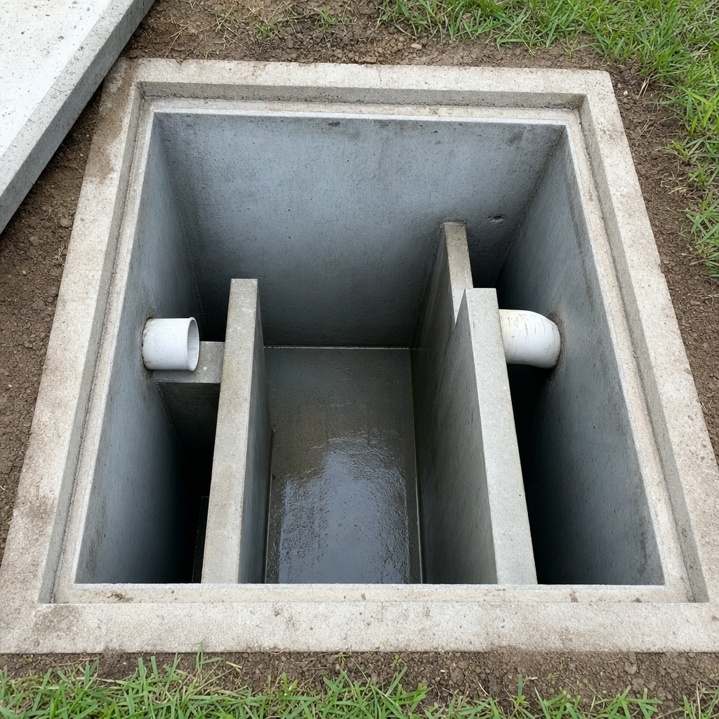 Inspection of the concrete baffles inside an open, emptied and freshly cleaned Flushing septic tank