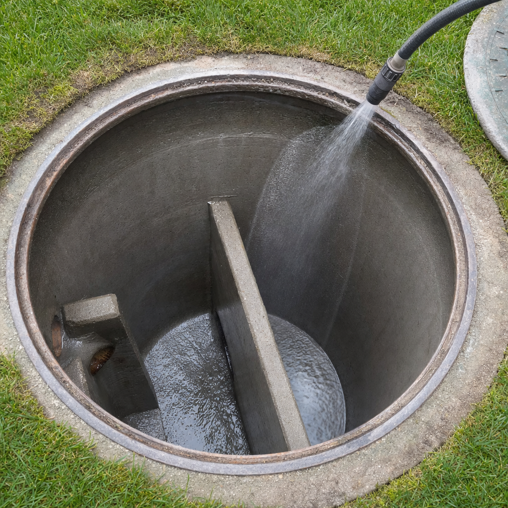 Interior concrete walls of an emptied Flushing septic tank being rinsed clean with the truck's onboard water hose