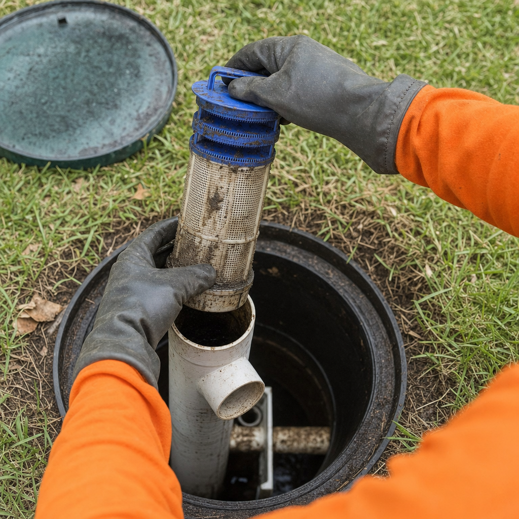 Septic technician's gloved hands lifting the effluent filter cartridge out of the outlet housing on a Flushing septic tank