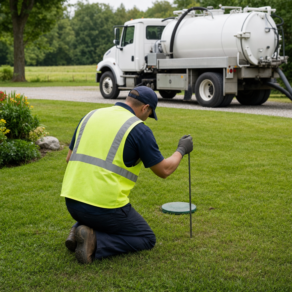 Septic technician kneeling on a Flushing lawn, probing to locate and measure the depth of a buried septic tank lid before pumping