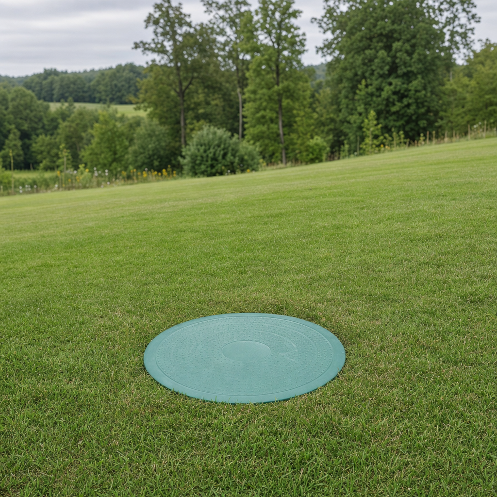 A newly installed septic riser bringing the tank lid up flush to grade in a Flushing yard for easy future access
