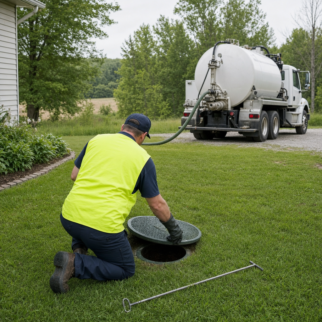 Septic technician kneeling on a Flushing lawn, lifting the buried access lid on a residential septic tank
