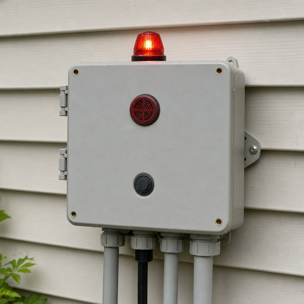 An aerobic septic system control panel mounted outside a Flushing home with its red high-water alarm light lit