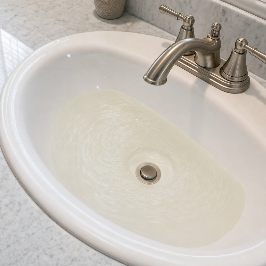 A bathroom sink draining slowly with water pooled in the basin, an early warning sign that a Flushing septic tank is full